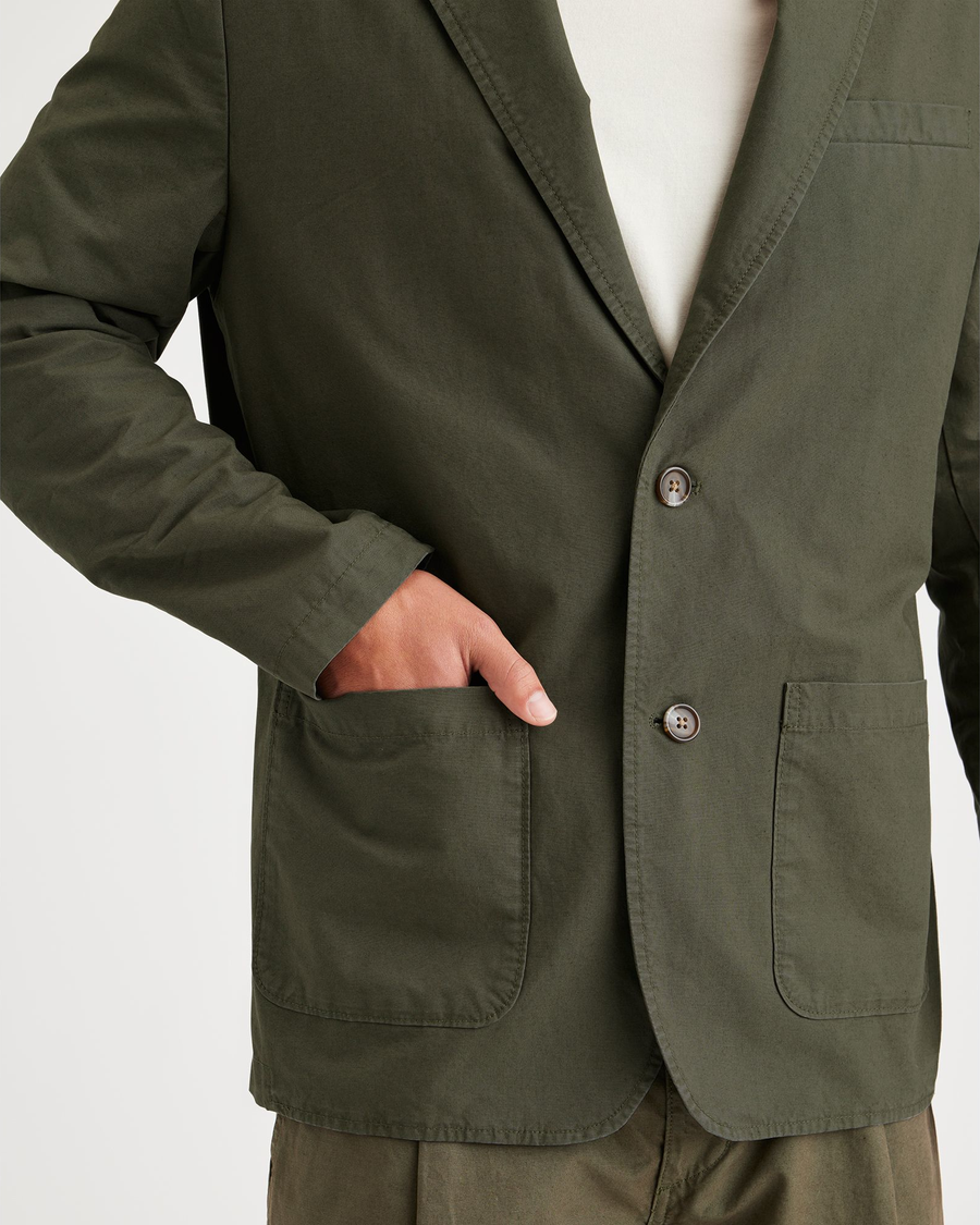 View of model wearing Army Green Unstructured Blazer, Regular Fit.
