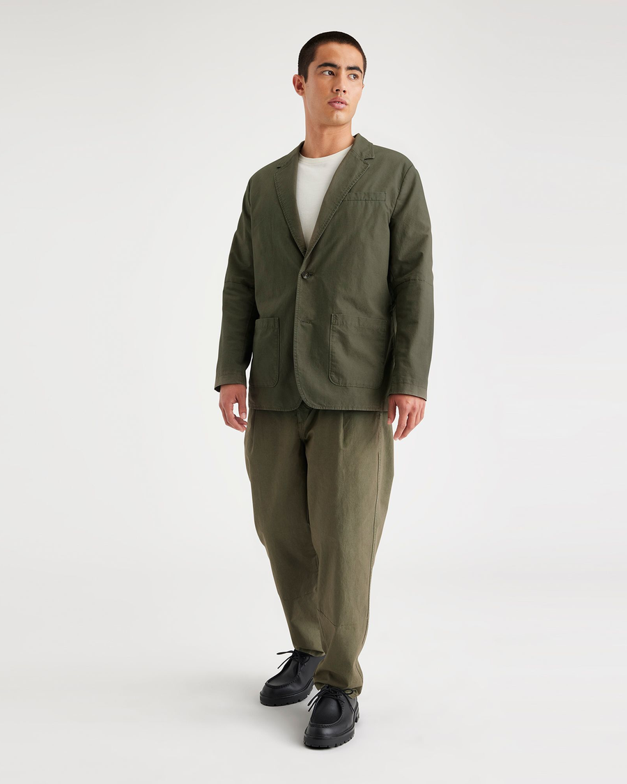 View of model wearing Army Green Unstructured Blazer, Regular Fit.