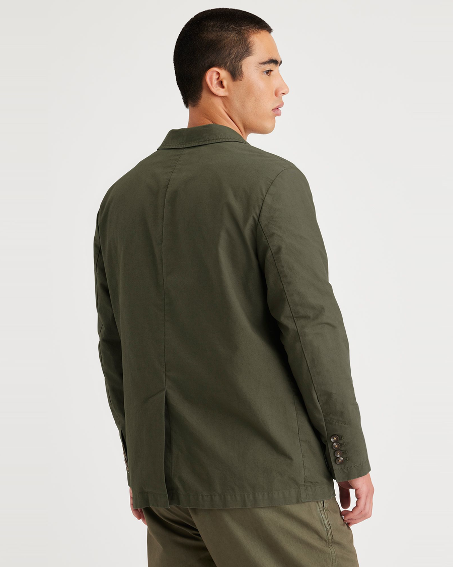 Back view of model wearing Army Green Unstructured Blazer, Regular Fit.