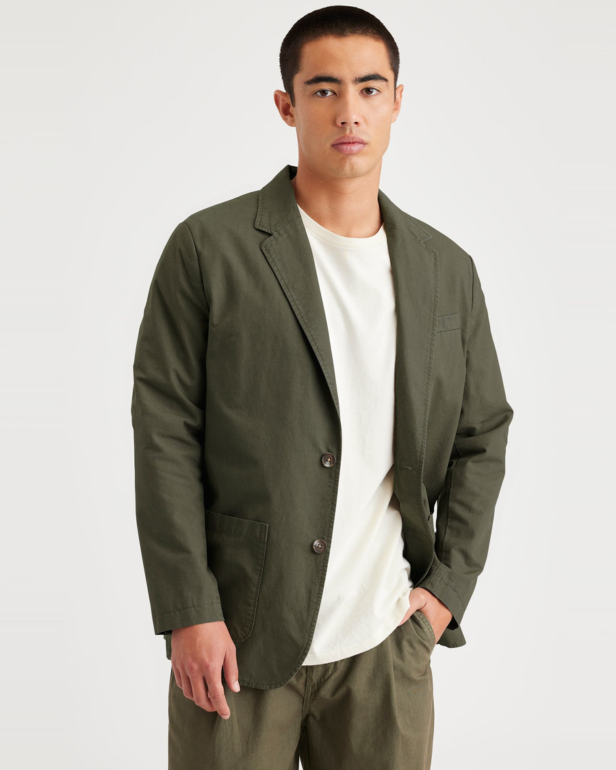 Front view of model wearing Army Green Unstructured Blazer, Regular Fit.