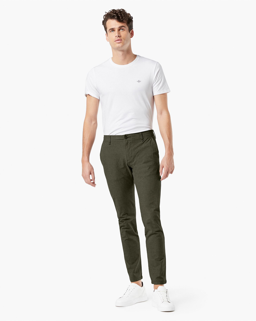 Front view of model wearing Army Olive Ultimate Chinos, Skinny Fit.