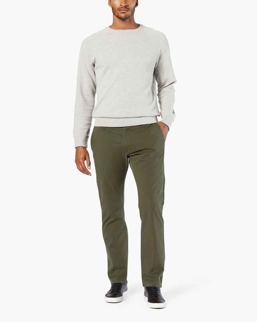 Front view of model wearing Army Olive Ultimate Chinos, Straight Fit.