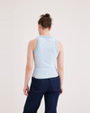 Back view of model wearing Azure Plaid Blue Knit Tank, Slim Fit.