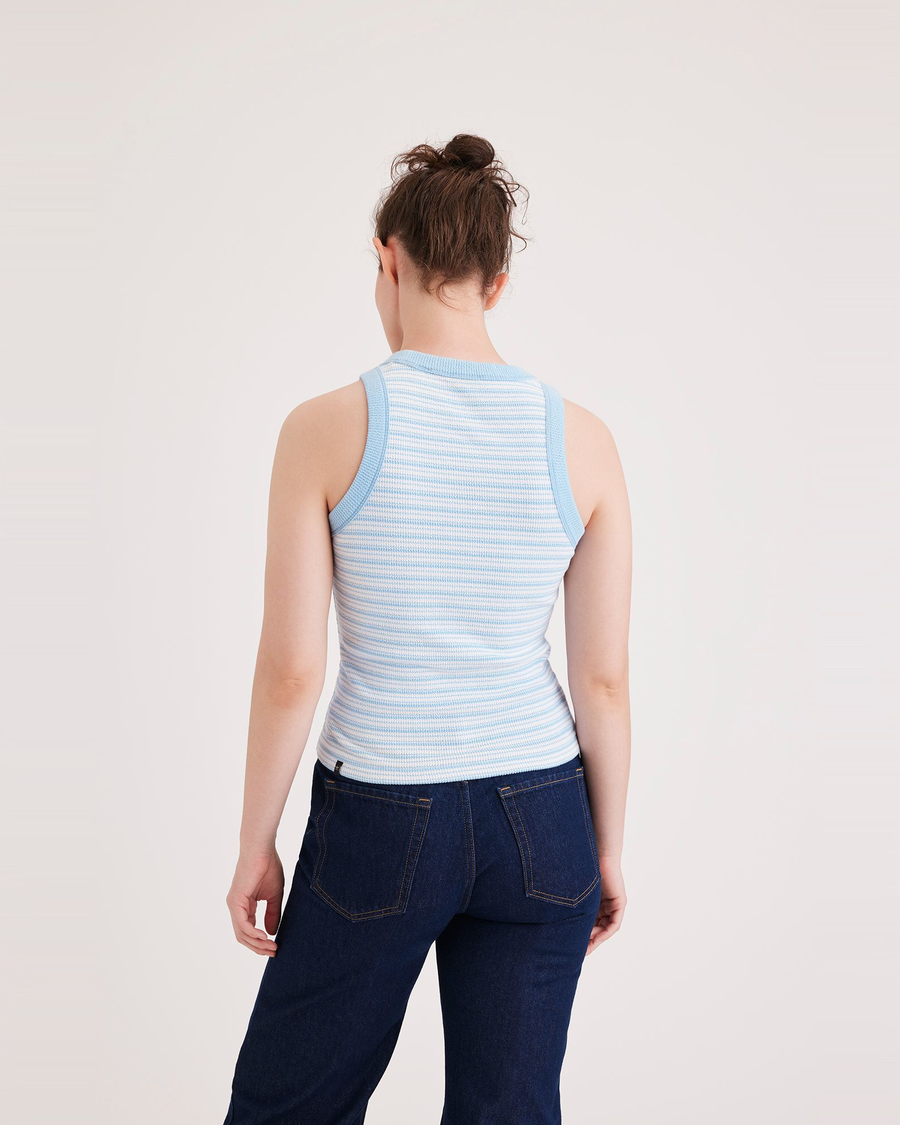 Back view of model wearing Azure Plaid Blue Knit Tank, Slim Fit.