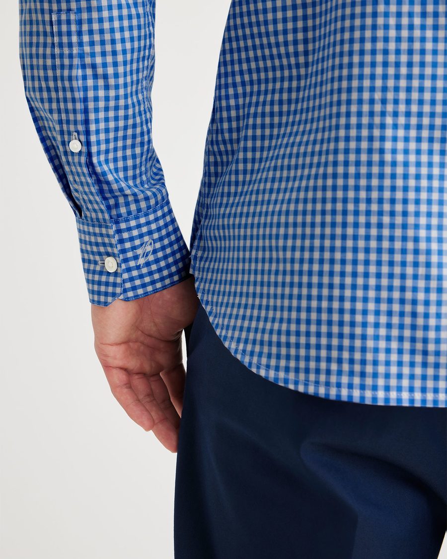 View of model wearing Basin Ceramic Blue Crafted Button Up, Slim Fit.