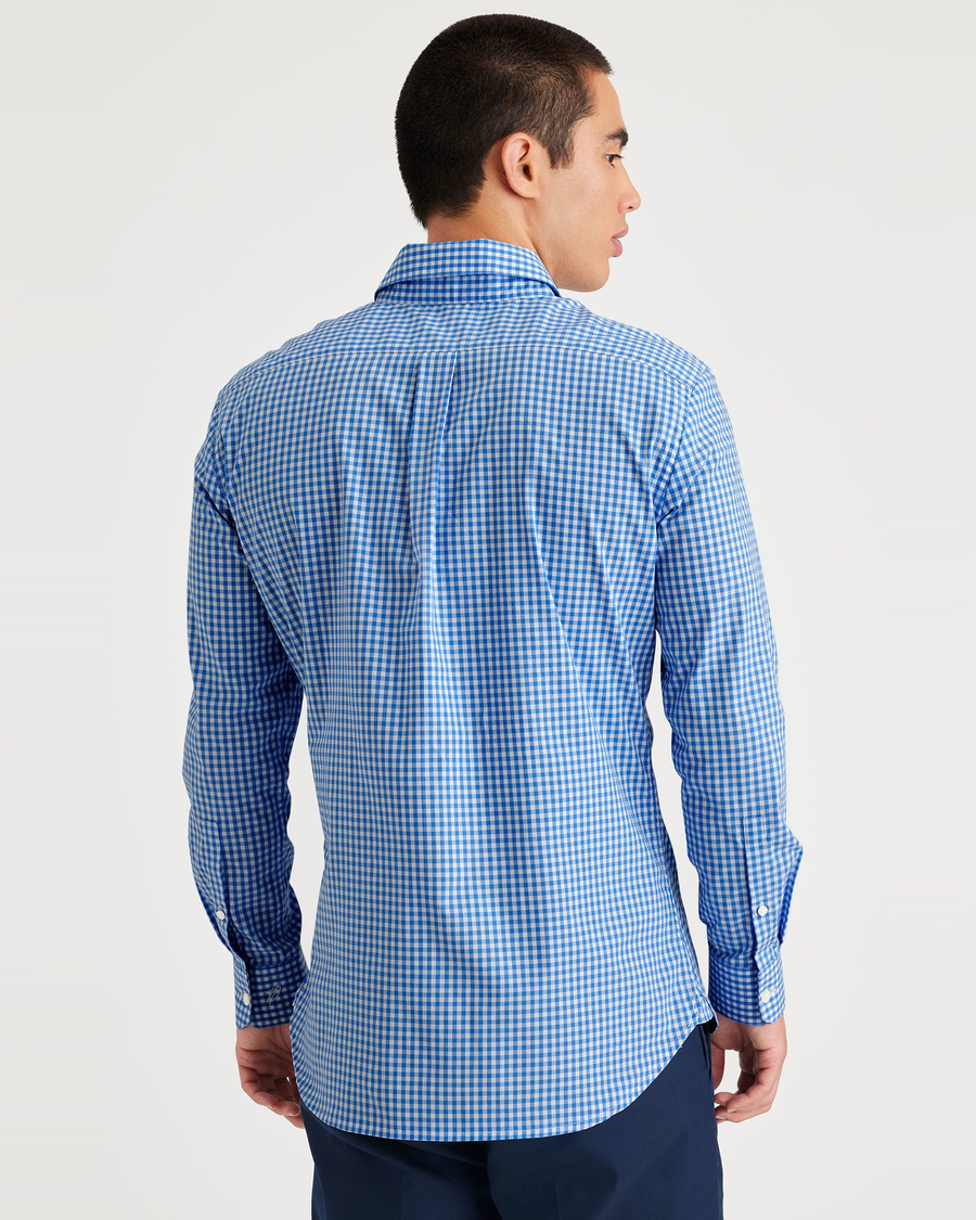 Back view of model wearing Basin Ceramic Blue Crafted Button Up, Slim Fit.