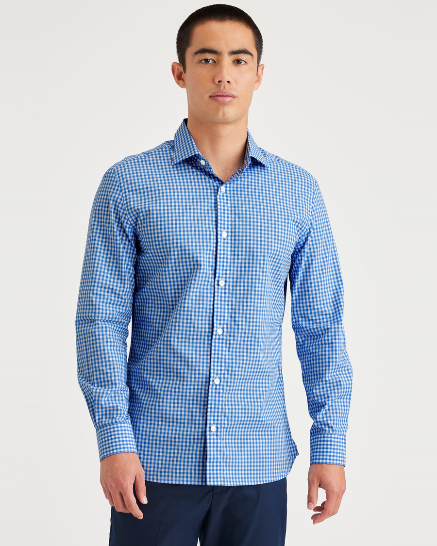 Front view of model wearing Basin Ceramic Blue Crafted Button Up, Slim Fit.