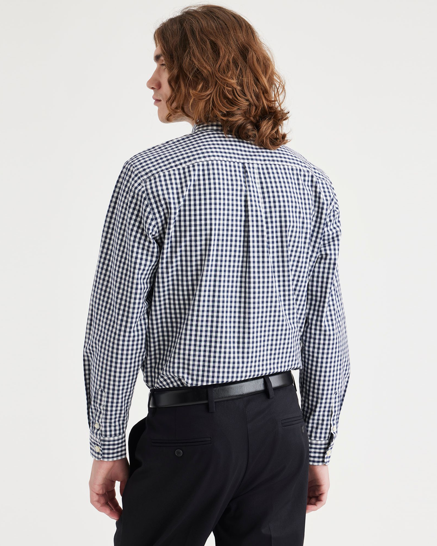 Back view of model wearing Basinni Navy Blazer Essential Button-Up Shirt, Classic Fit.