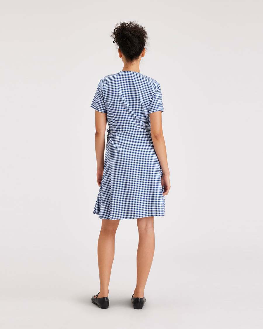 Back view of model wearing Basinni True Blue Wrap Dress.