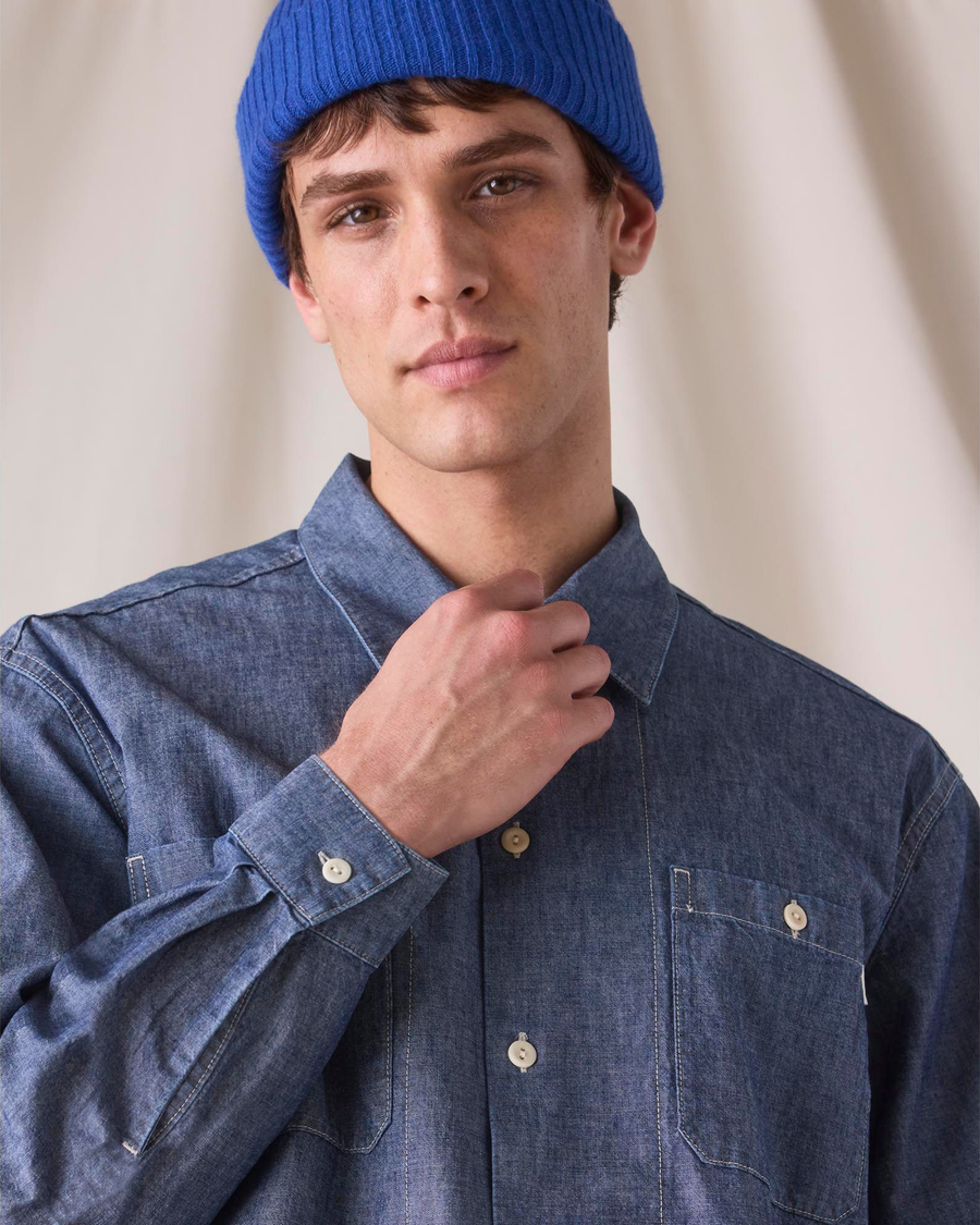 View of model wearing Bay Dockers® x Transnomadica Dock Shirt, Relaxed Fit.