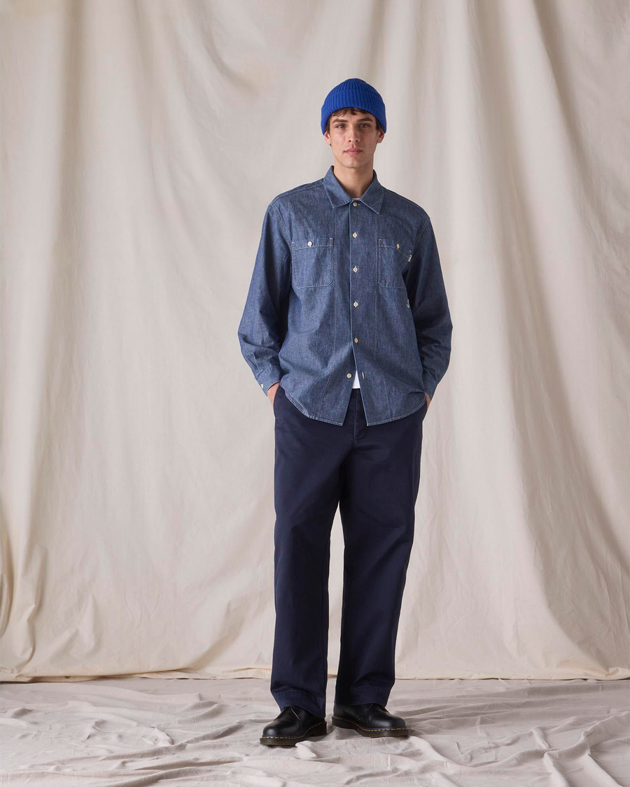 View of model wearing Bay Dockers® x Transnomadica Dock Shirt, Relaxed Fit.