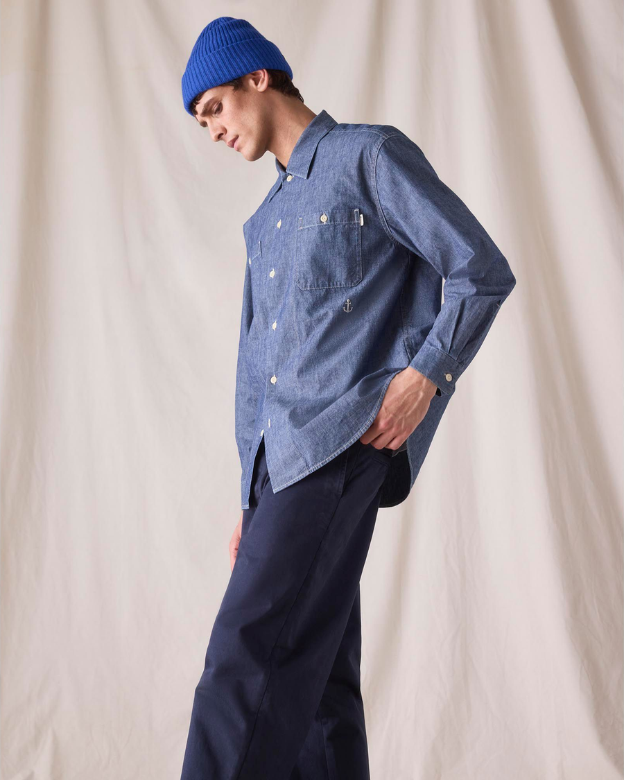 View of model wearing Bay Dockers® x Transnomadica Dock Shirt, Relaxed Fit.