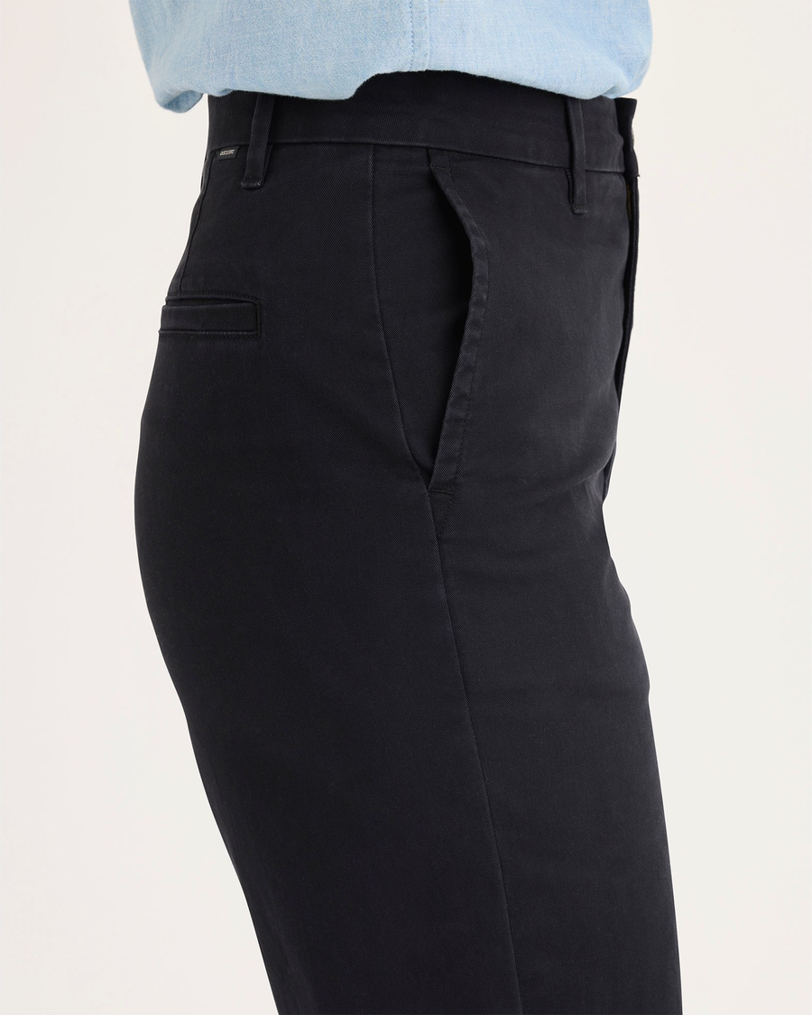 Side view of model wearing Beautiful Black Blake Chino, High Straight Fit.