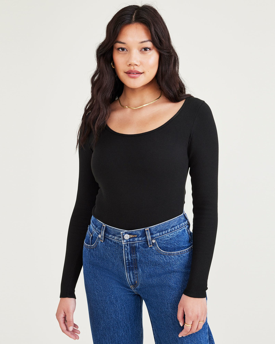 Front view of model wearing Beautiful Black Bodysuit, Slim Fit.