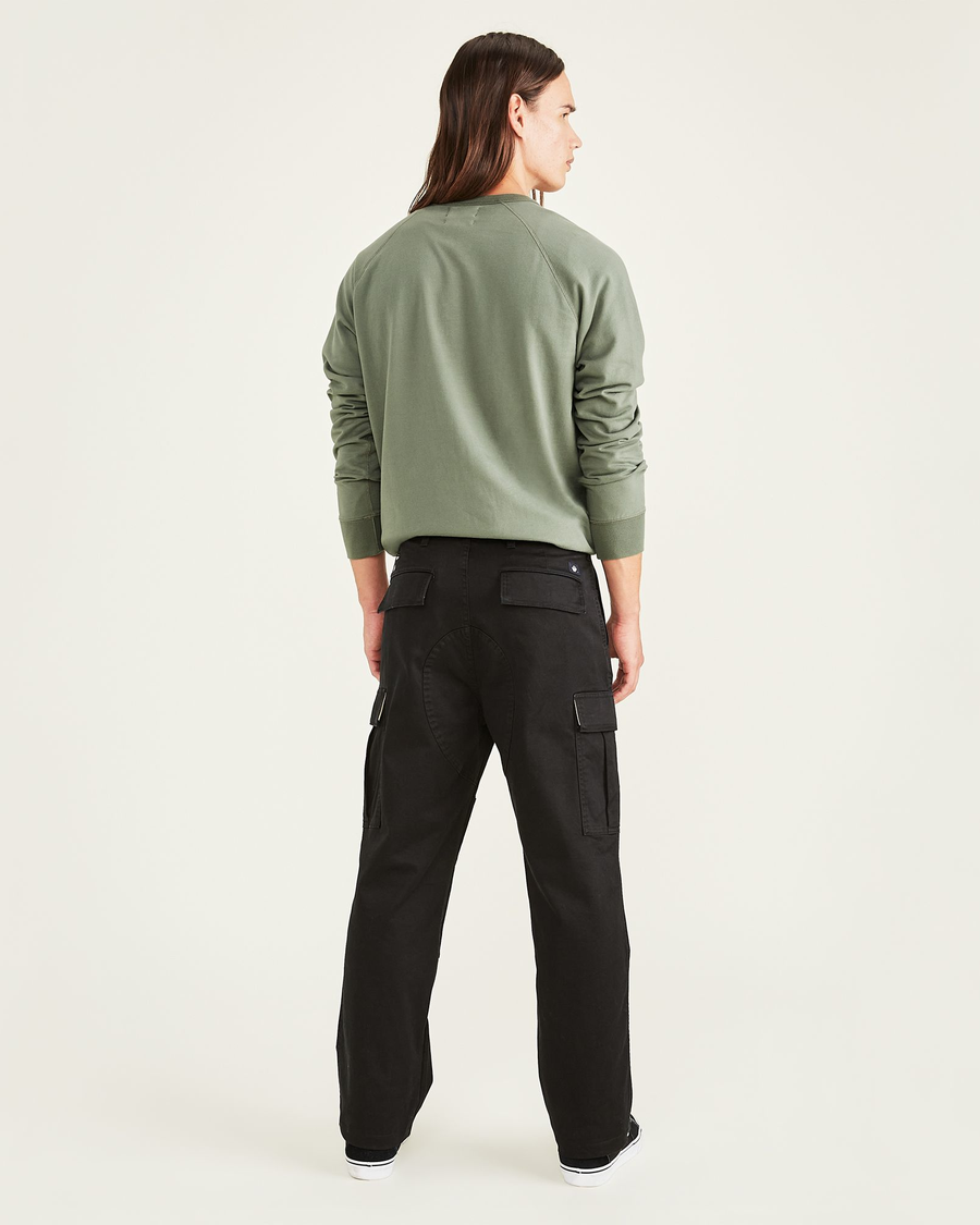 Back view of model wearing Beautiful Black Cargo Pants, Relaxed Fit.