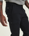 View of model wearing Beautiful Black Cargo Pants, Slim Tapered Fit.