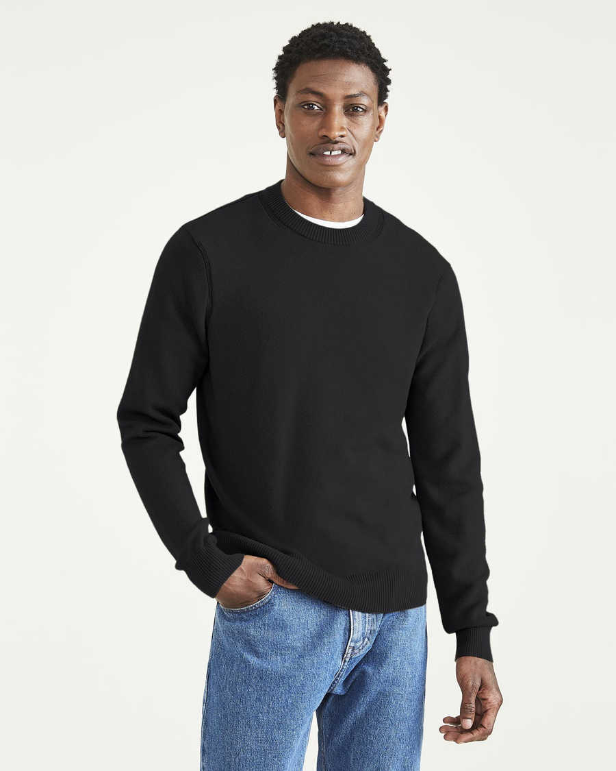 Front view of model wearing Beautiful Black Crewneck Sweater,  Regular Fit.