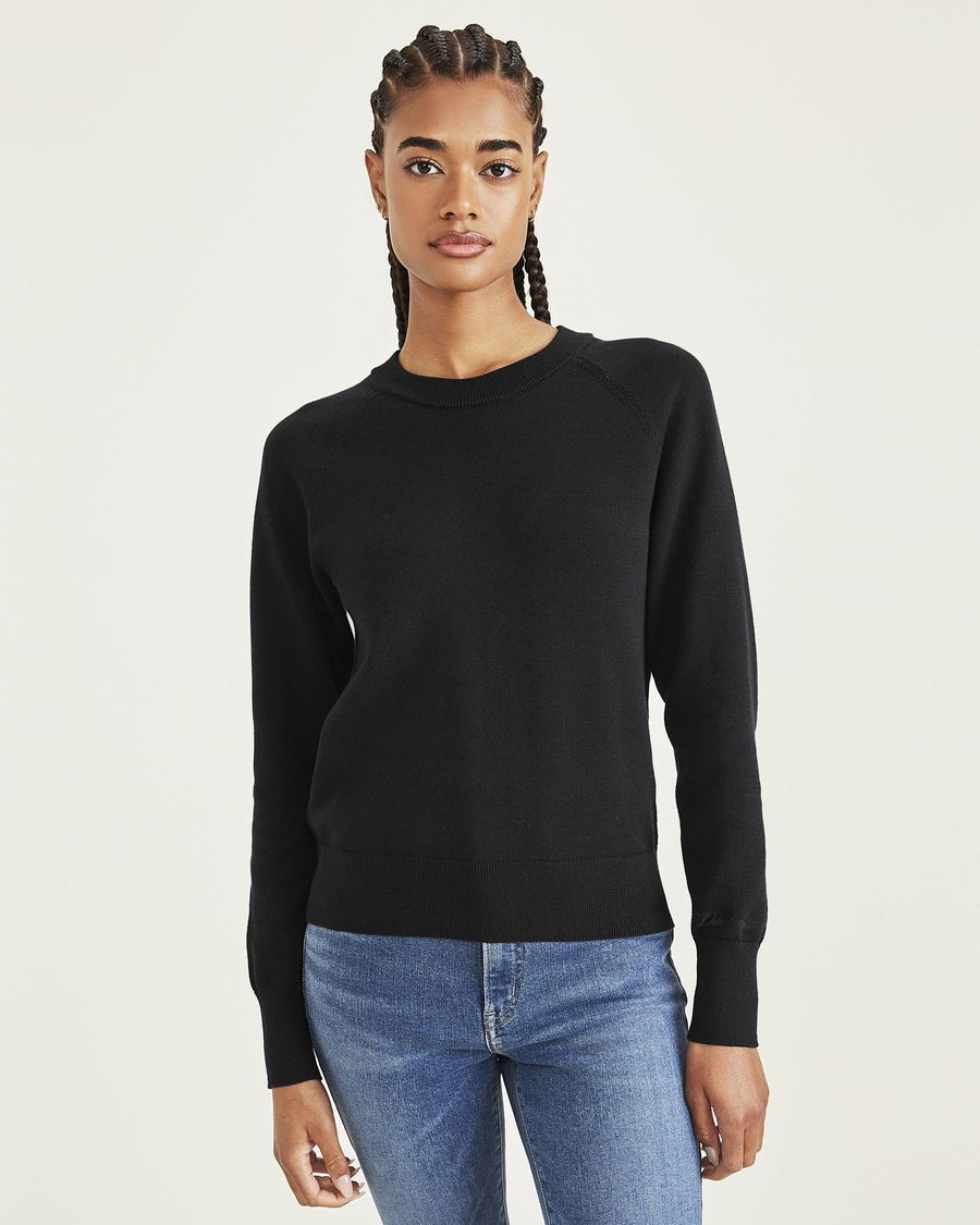 Front view of model wearing Beautiful Black Crewneck Sweater, Regular Fit.