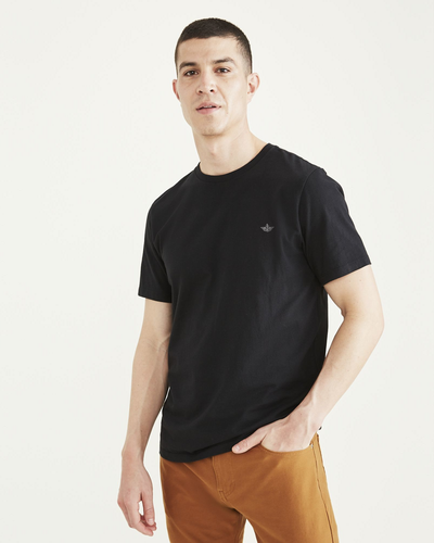 View of model wearing Beautiful Black Crewneck Tee, Slim Fit.