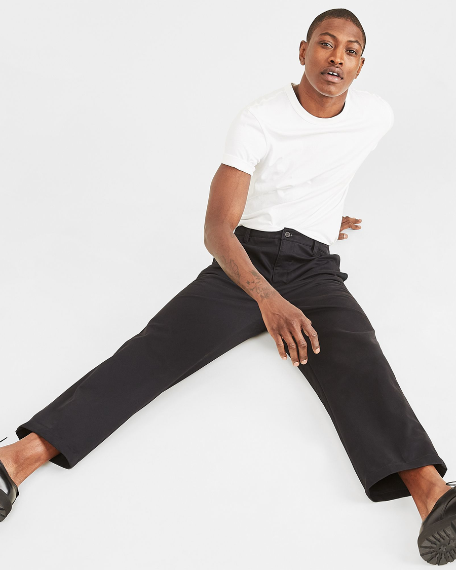View of model wearing Beautiful Black Cropped Khakis, Straight Fit.