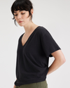 View of model wearing Beautiful Black Deep V-Neck Tee, Relaxed Fit.