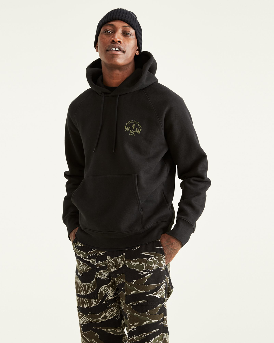 Front view of model wearing Beautiful Black Dockers® x Jon Rose Collection Pop Over Hoodie.