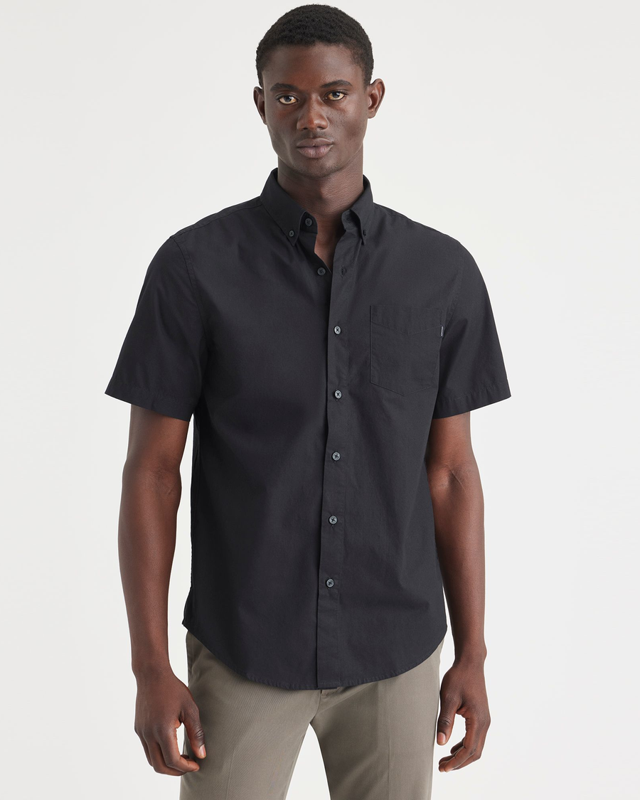 Front view of model wearing Beautiful Black Essential Button-Up Shirt, Classic Fit.