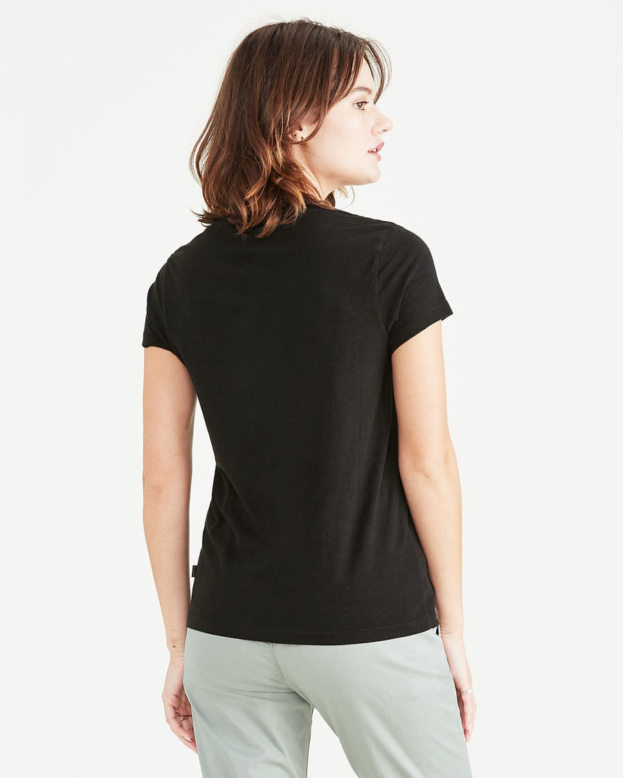 Back view of model wearing Beautiful Black Favorite V-Neck Tee Shirt, Slim Fit.