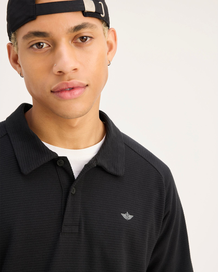 View of model wearing Beautiful Black Go Raglan Polo, Regular Fit.