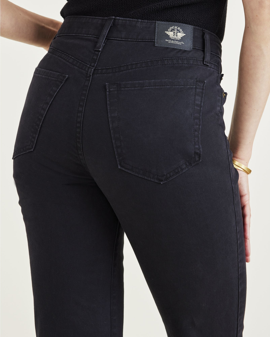 View of model wearing Beautiful Black Jean Cut Pants, High Slim Fit.