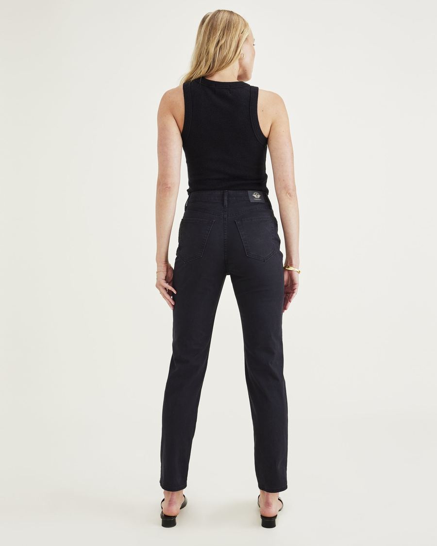 Back view of model wearing Beautiful Black Jean Cut Pants, High Slim Fit.