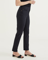 Side view of model wearing Beautiful Black Jean Cut Pants, High Slim Fit.