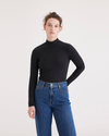 Front view of model wearing Beautiful Black Mock Neck Crop Top, Slim Fit.