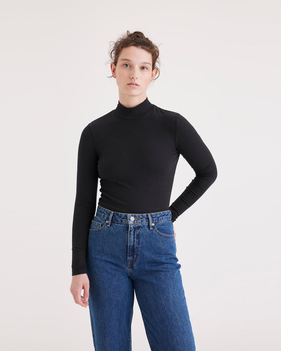 Front view of model wearing Beautiful Black Mock Neck Crop Top, Slim Fit.