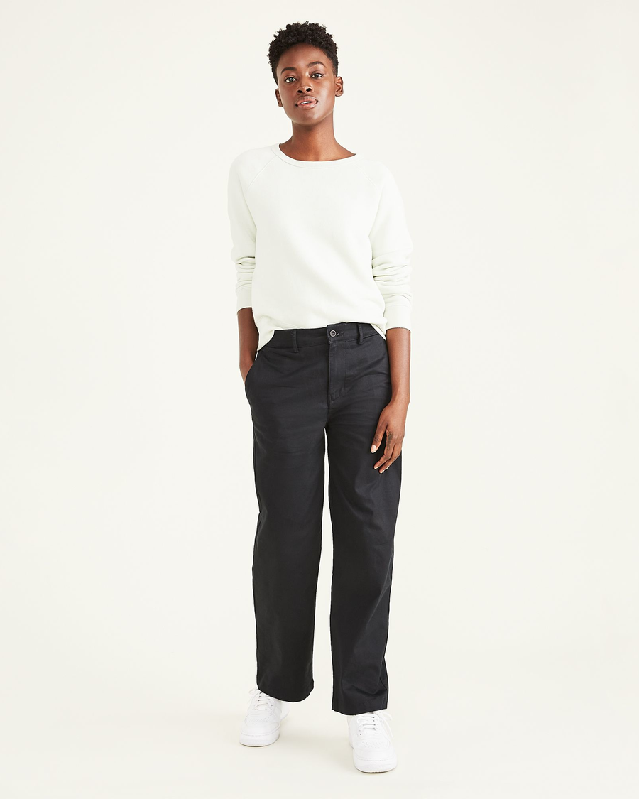 Front view of model wearing Beautiful Black Original Chinos, High Waisted, Straight Fit.