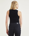 Back view of model wearing Beautiful Black Rib Tank with Lofi Knit, Slim Fit.