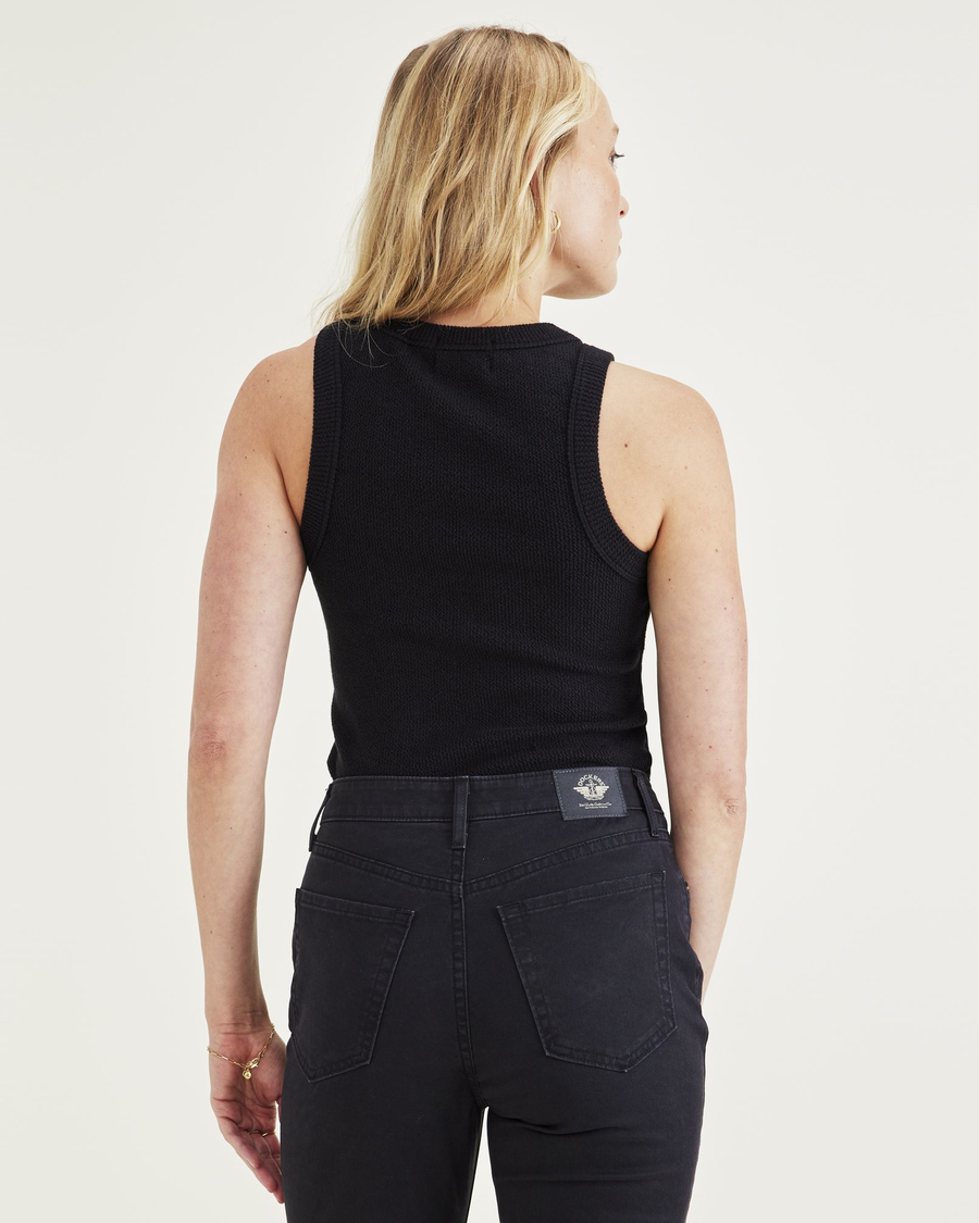 Back view of model wearing Beautiful Black Rib Tank with Lofi Knit, Slim Fit.