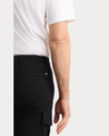 View of model wearing Beautiful Black Utility Cargo Pant, Straight Fit.