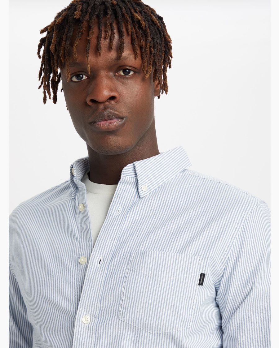 View of model wearing Bengal Stripe Stretch Oxford Shirt, Slim Fit.