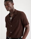 View of model wearing Bitter Chocolate Camp Collar Shirt, Regular Fit.