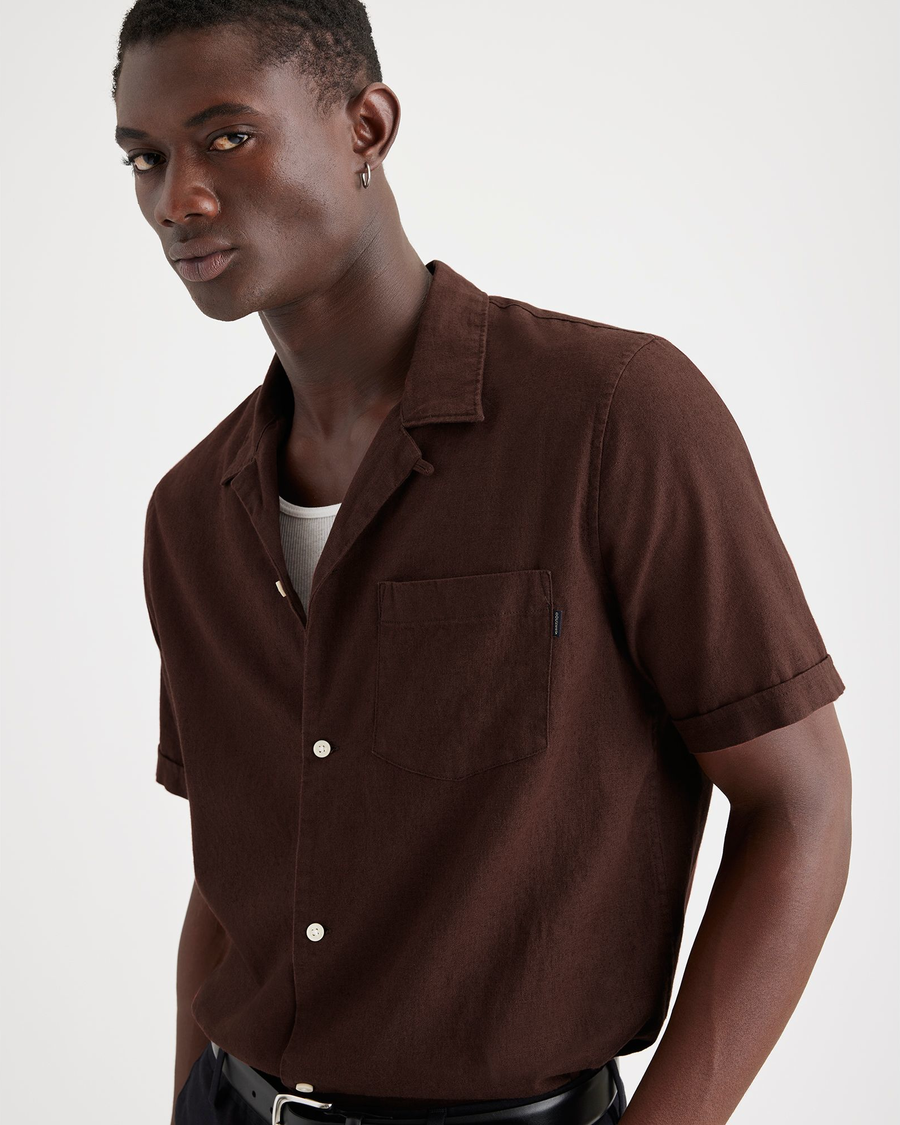 View of model wearing Bitter Chocolate Camp Collar Shirt, Regular Fit.