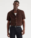 Front view of model wearing Bitter Chocolate Camp Collar Shirt, Regular Fit.