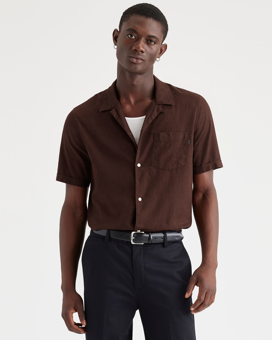 Front view of model wearing Bitter Chocolate Camp Collar Shirt, Regular Fit.