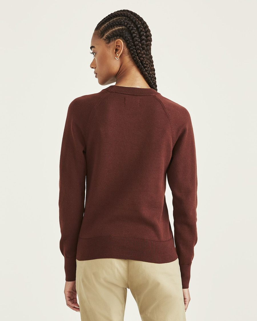 Back view of model wearing Bitter Chocolate Crewneck Sweater, Classic Fit.