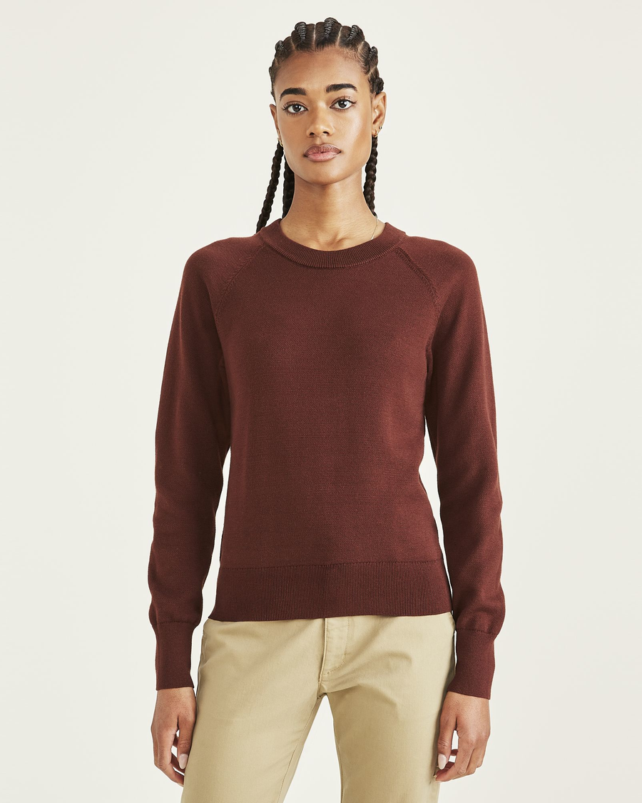 Front view of model wearing Bitter Chocolate Crewneck Sweater, Classic Fit.