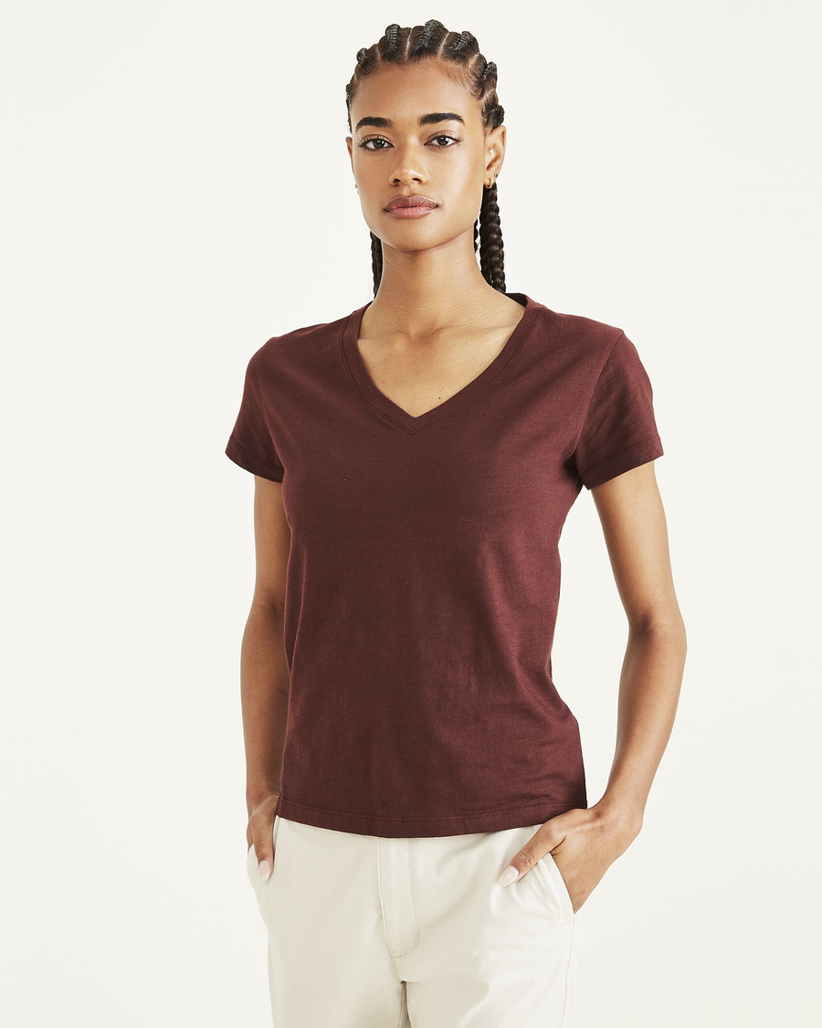 Front view of model wearing Bitter Chocolate V-Neck Tee Shirt, Slim Fit.