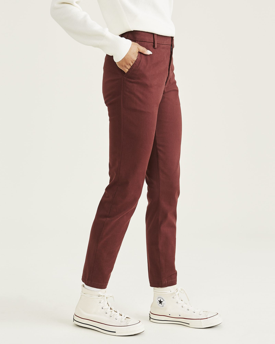 Side view of model wearing Bitter Chocolate Weekend Chinos, Skinny Fit.