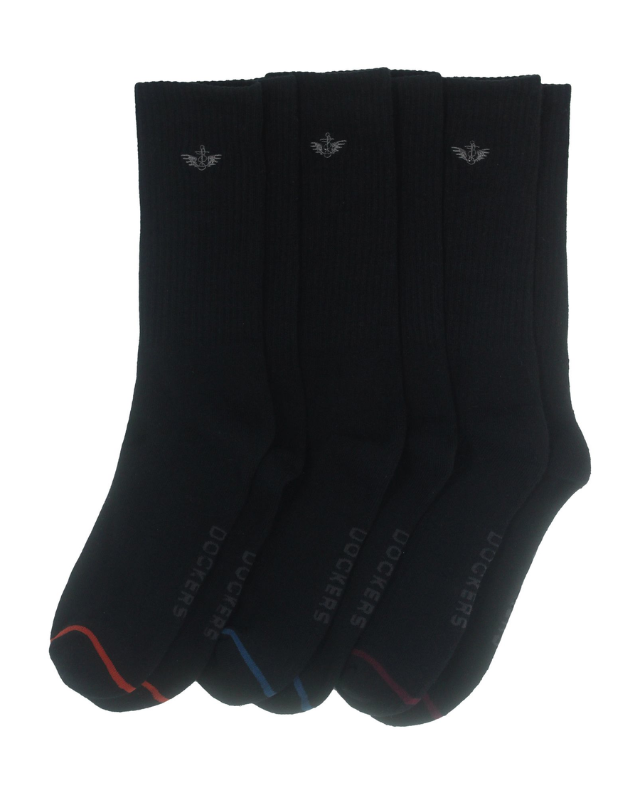 Front view of  Black 1/2 Cushion Crew Sock with Embrodiery, 3 Pack.