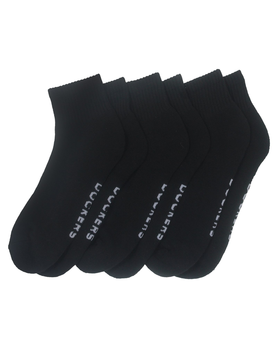 Front view of  Black 1/2 Cushion Quarter Socks, 3 Pack.