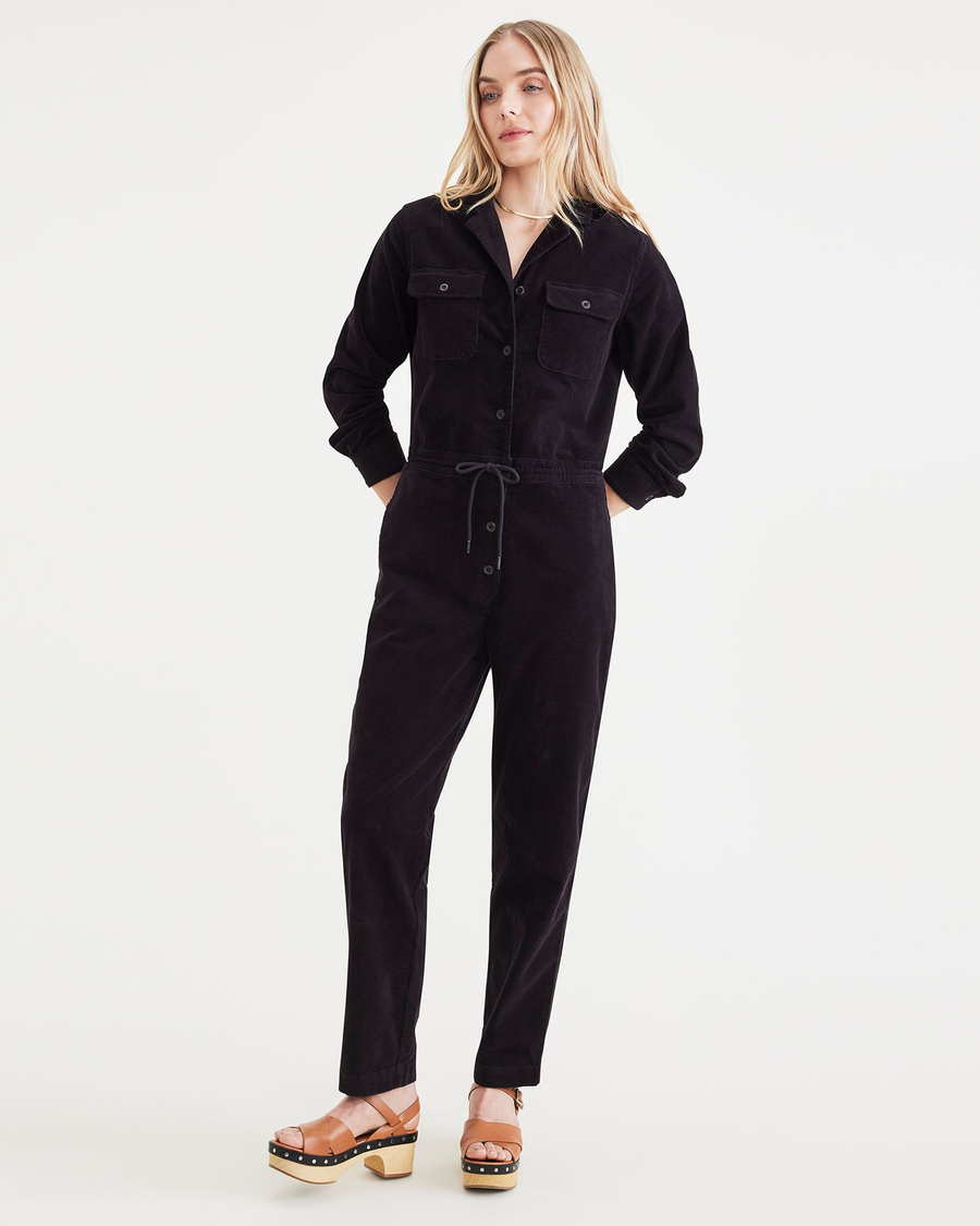 Front view of model wearing Black Bean Jumpsuit.